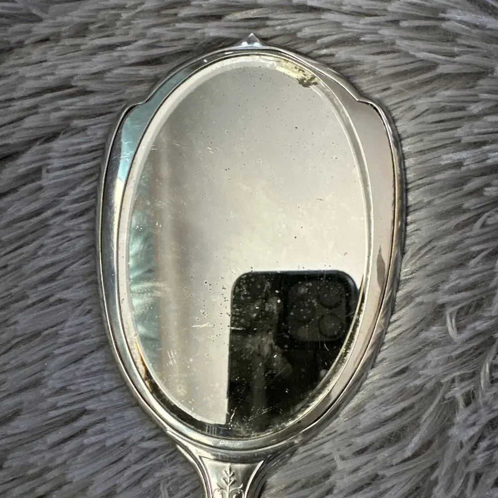 Art Deco Vintage Lime Green Enamel Hand Mirror Silver Tone Vanity